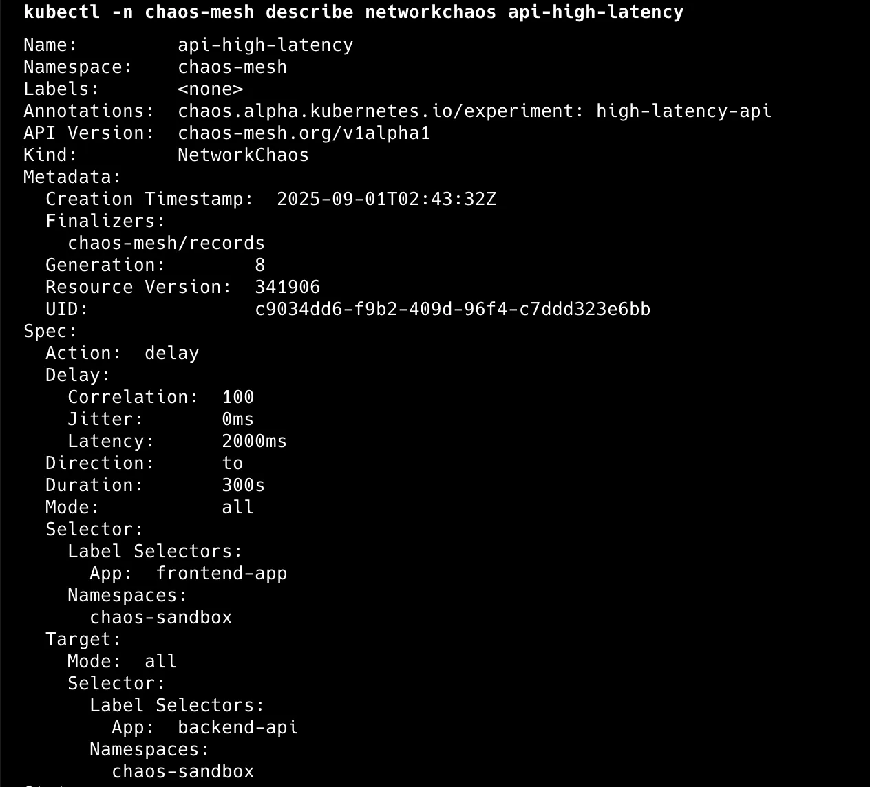 Network chaos experiment status showing latency injection