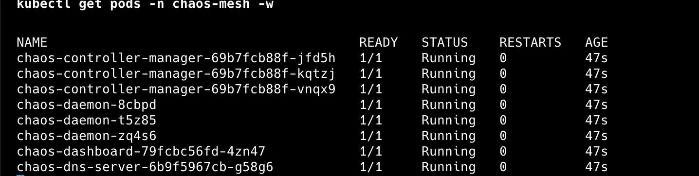 Chaos Mesh pods successfully running in chaos-mesh namespace