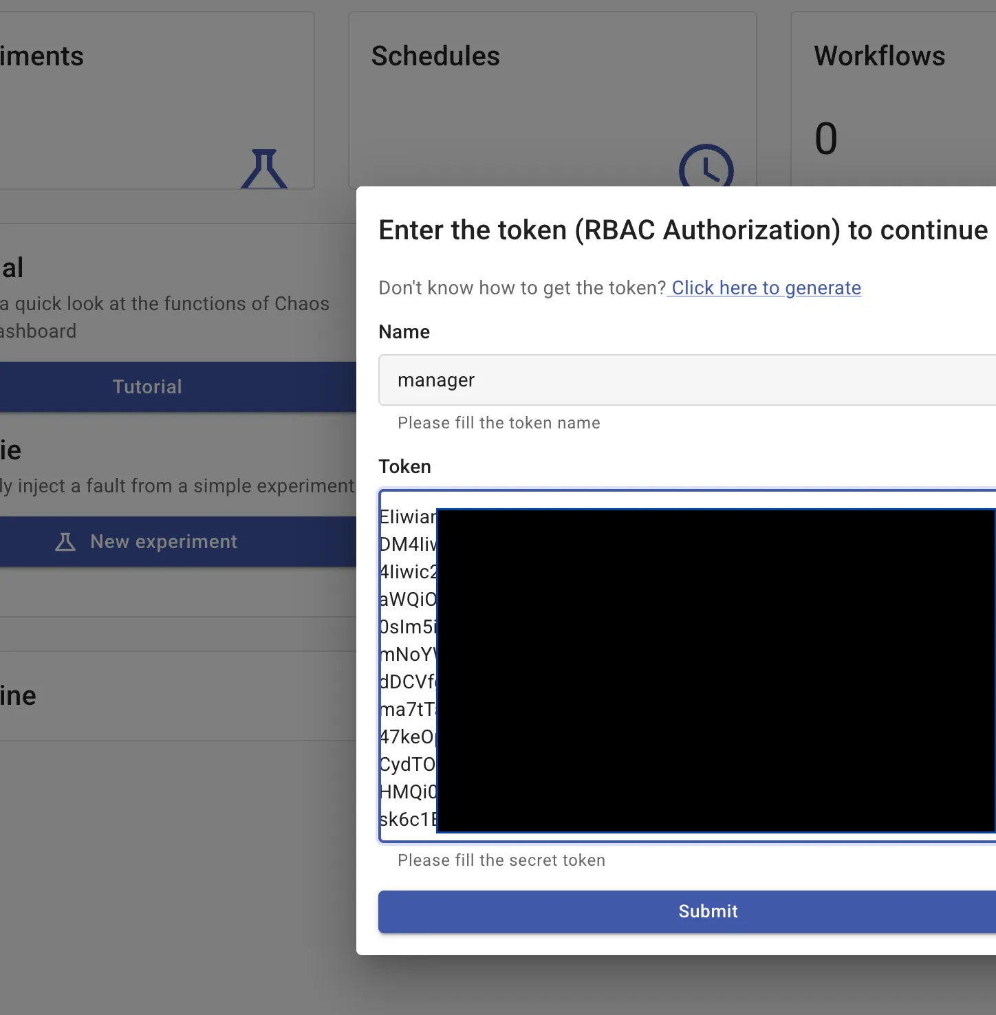 Chaos Mesh dashboard login showing token authentication