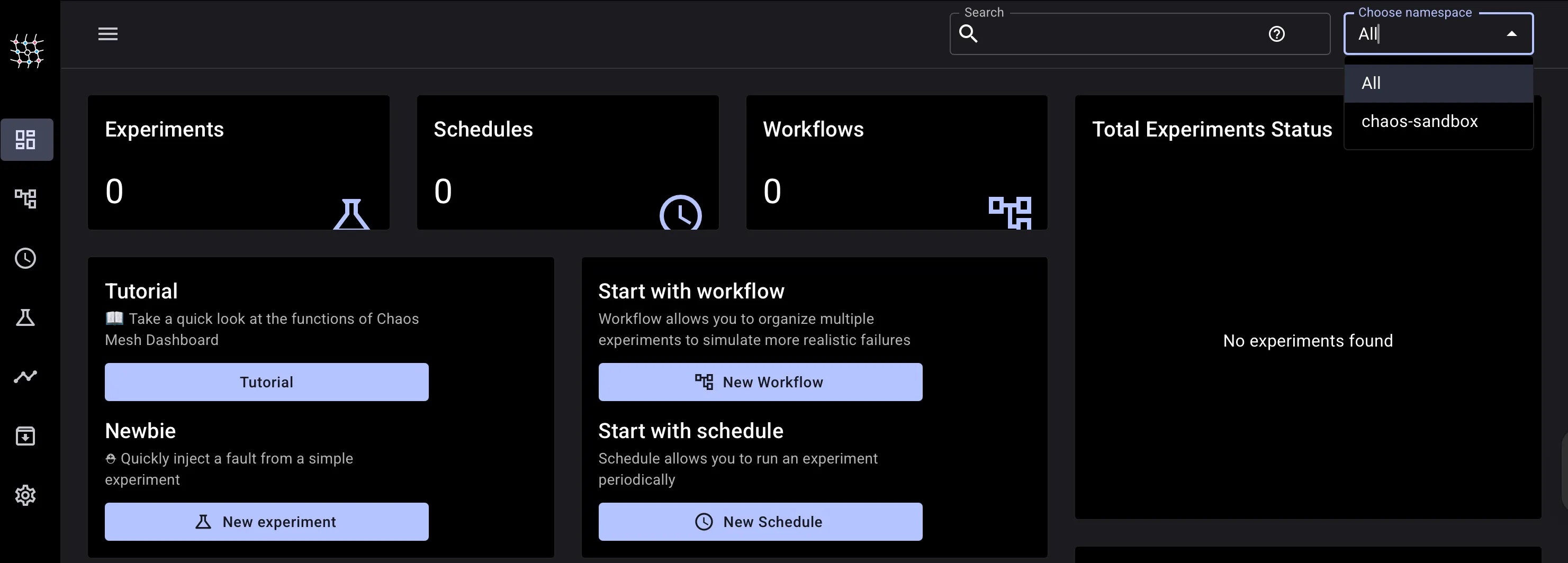 Chaos Mesh dashboard main interface showing experiment overview