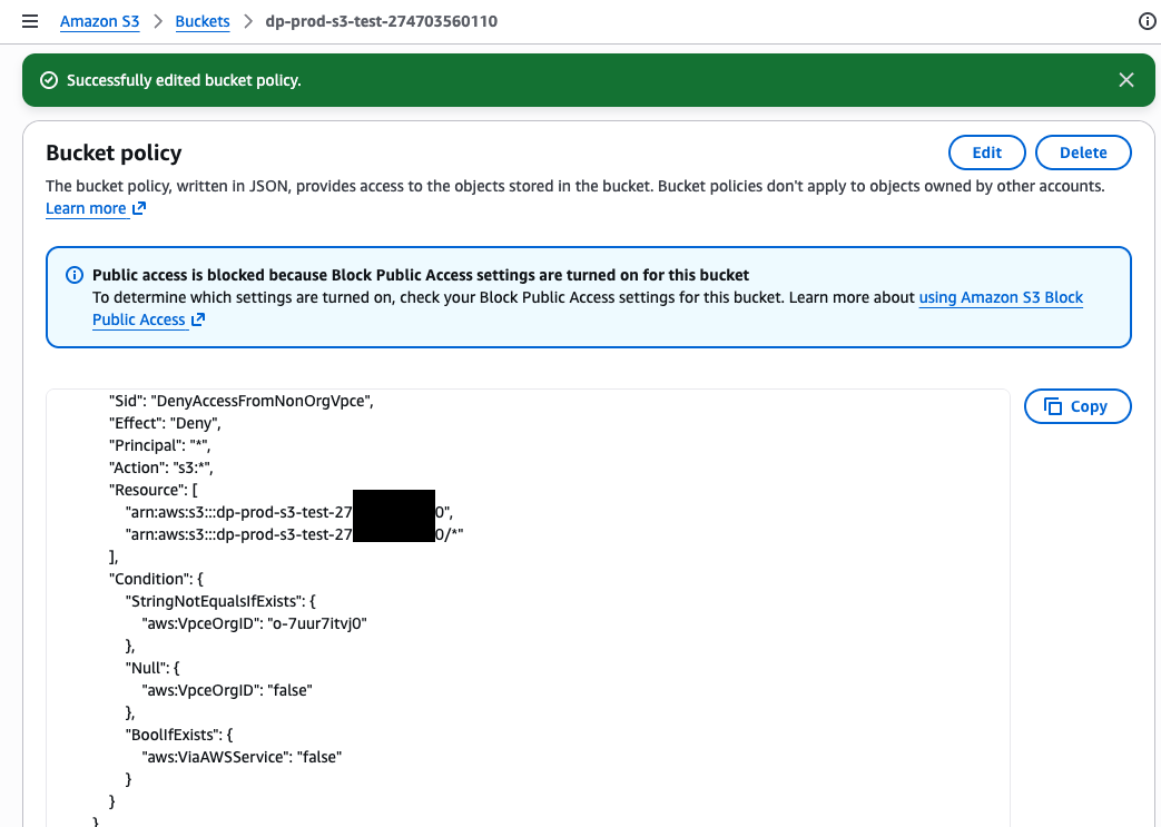 Bucket policy with DenyAccessFromNonOrgVpce condition using aws:VpceOrgID