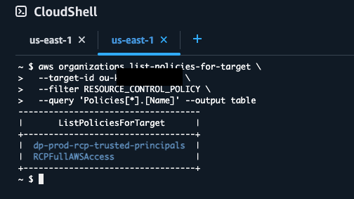 RCP dp-prod-rcp-trusted-principals attached to the Workloads OU