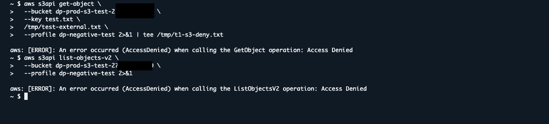 T1: generic AccessDenied from S3 with no policy attribution — expected for external callers