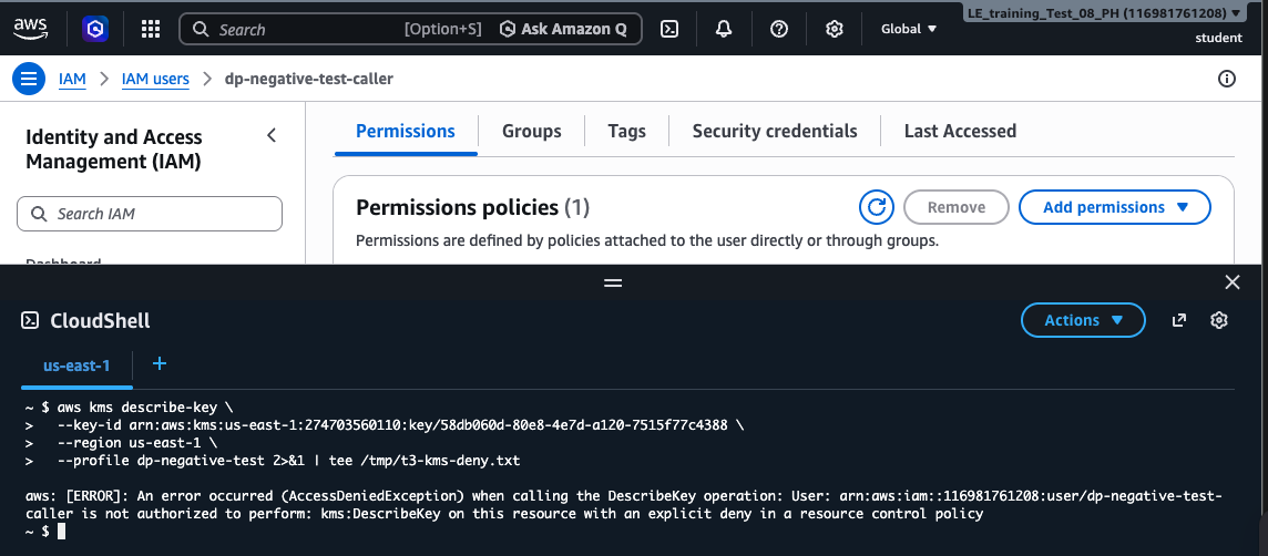 T3: external account denied kms:DescribeKey with explicit RCP attribution in the error message