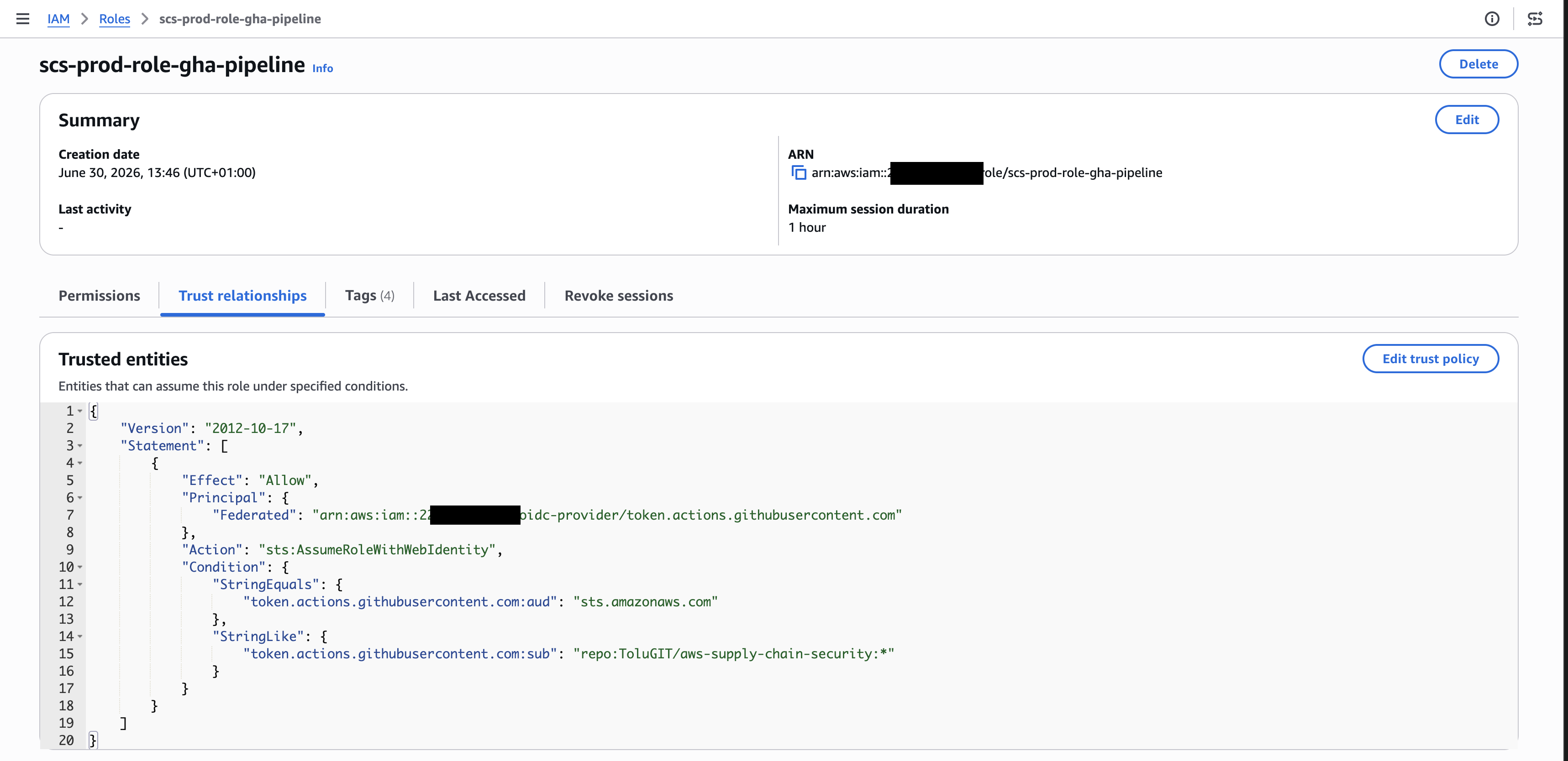 IAM role trust policy federating GitHub OIDC, scoped with a sub condition to repo:ToluGIT/aws-supply-chain-security
