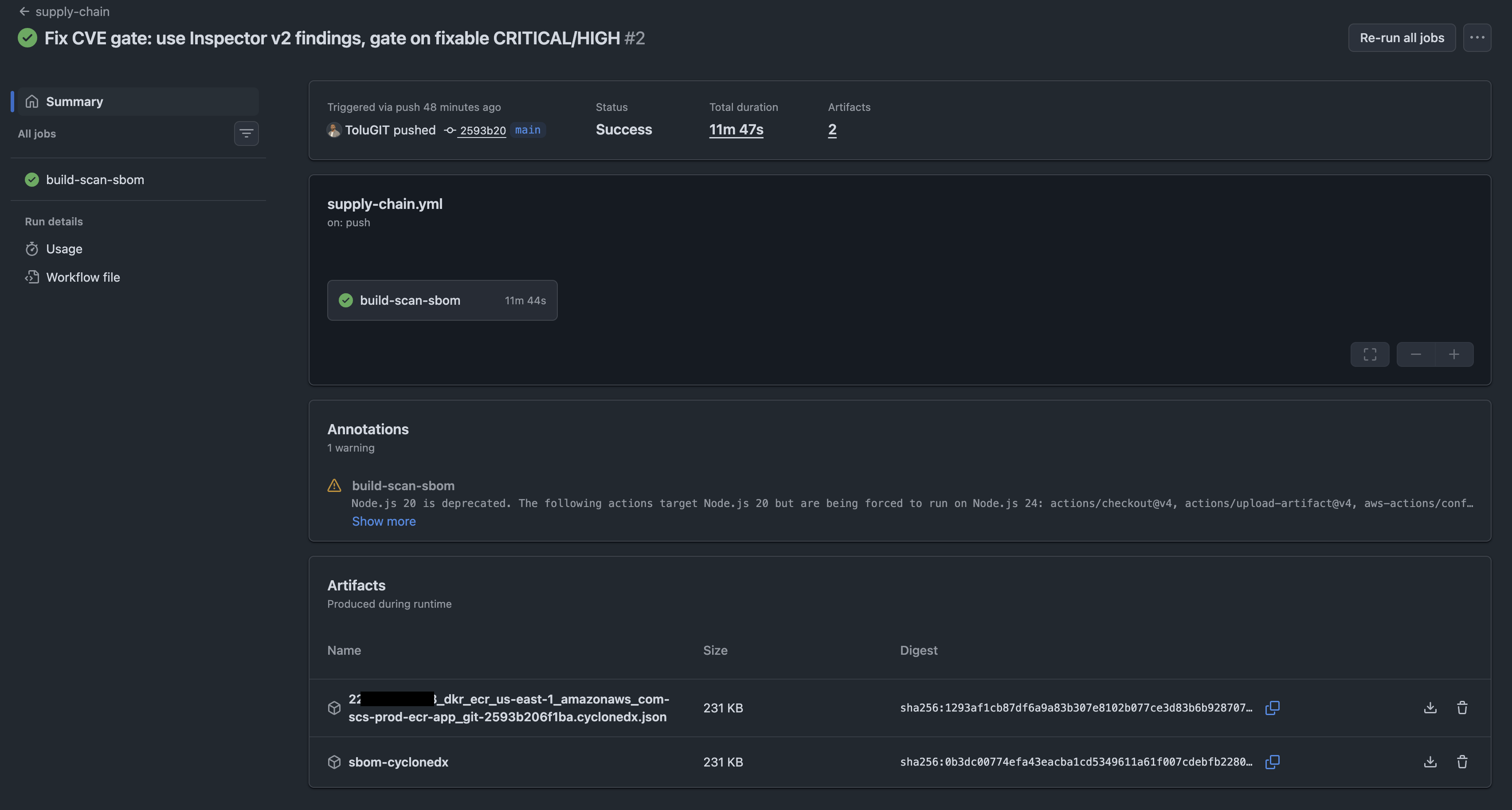 GitHub Actions run showing a successful build with the CycloneDX SBOM produced as a hashed artifact
