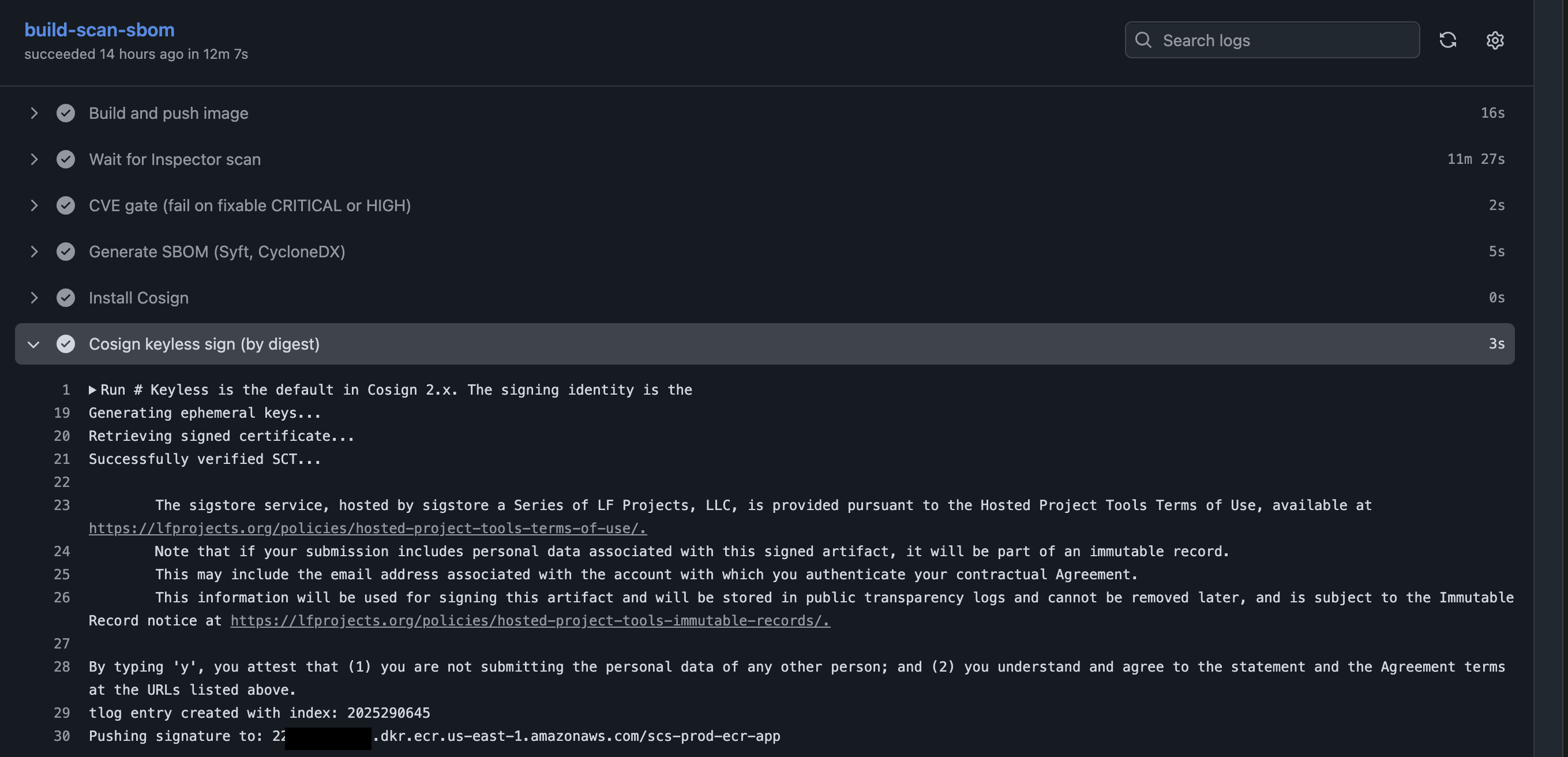 Cosign keyless signing step: ephemeral keys, Fulcio certificate, Rekor tlog entry created