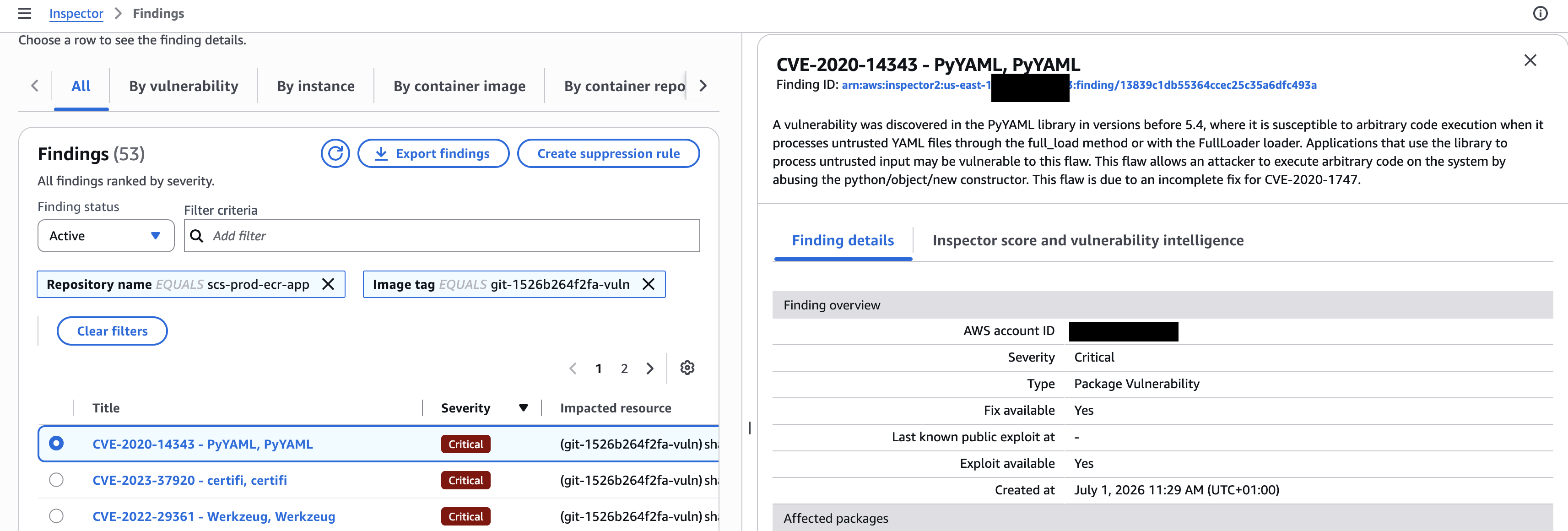 Inspector findings for the vulnerable image: fixable and exploitable CRITICAL CVEs including PyYAML CVE-2020-14343